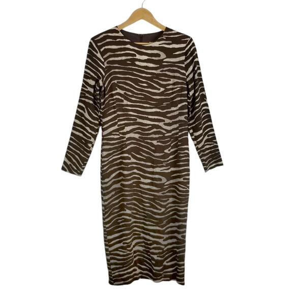 Michael Kors Women's Long Sleeve Graphic Print Sheath Dress Brown Ivory Gray 12 - Picture 1 of 6